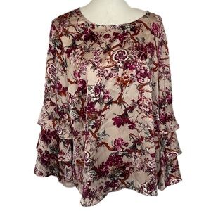 Liz Claiborne Career Satin Pink Floral Top  Sz XL Tiered Bell Sleeve Romantic
